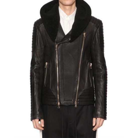 Men's Designer Asymmetrical Black Leather Jacket with Hoodie