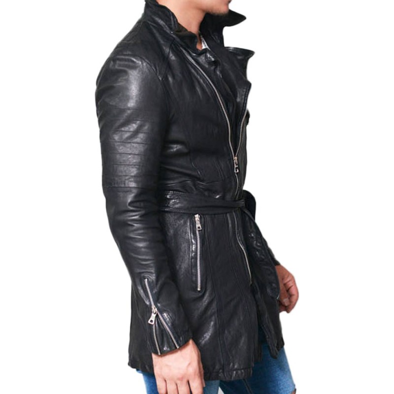Men's Mid Length Designer Black Leather Jacket Men's Mid Length Designer Black Leather Jacket