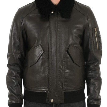 Men's Designer Bomber Black Leather Fur Collar Jacket