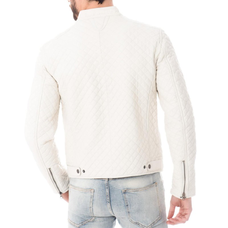 Men's Designer Diamond Quilted White Leather Jacket Men's Designer Diamond Quilted White Leather Jacket