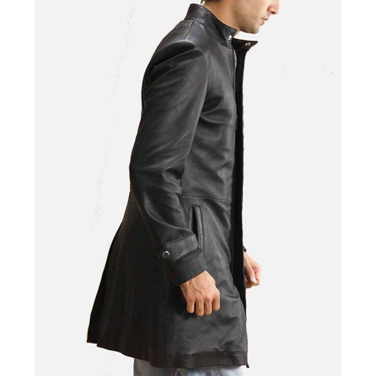 Men's Diamond Quilted Design Mid Length Black Leather Coat