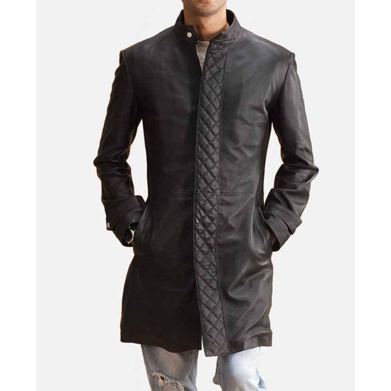 Men's Diamond Quilted Design Mid Length Black Leather Coat