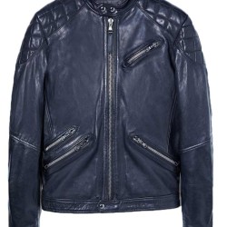 Men's Zipper Pocket Style Motorcycle Blue Leather Jacket