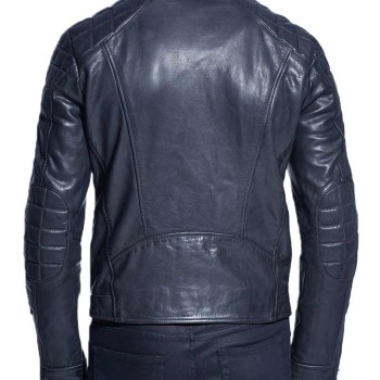 Men's Zipper Pocket Style Motorcycle Blue Leather Jacket
