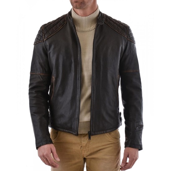 Men's Biker Style Diamond Quilted Shoulder Waxed Brown Jacket