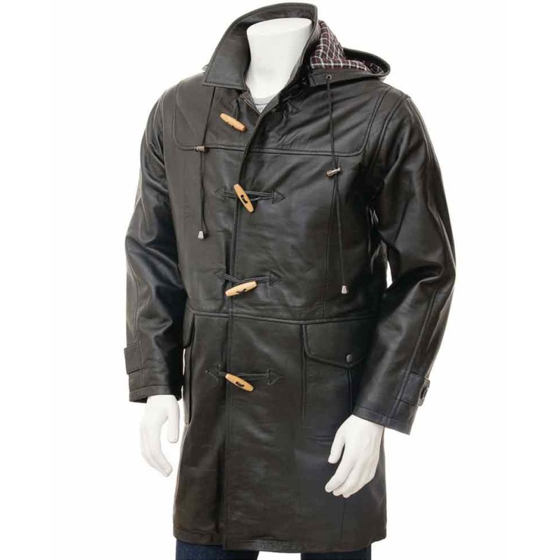 Men's Duffle Black Leather Coat