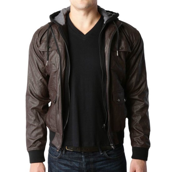 OTW Men Regular Fit Hooded Zip Up Thicken Winter with Velvet Faux-Leather Motorcycle Jacket 