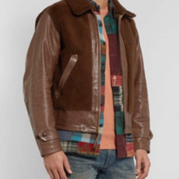 Men's Faux Shearling Brown Leather Jacket with Fur Collar