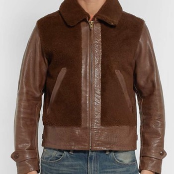 Men's Faux Shearling Brown Leather Jacket with Fur Collar