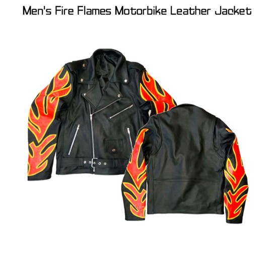 Men's Motorbike Fire Flames Leather Jacket