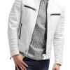 Men's FJM007 Padded Style Motorcycle White Leather Jacket
