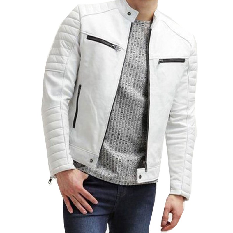 Men's FJM007 Padded Style Motorcycle White Leather Jacket Men's FJM007 Padded Style Motorcycle White Leather Jacket