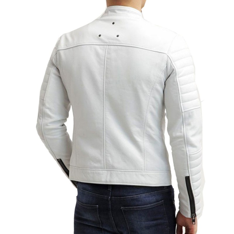 Men's FJM007 Padded Style Motorcycle White Leather Jacket Men's FJM007 Padded Style Motorcycle White Leather Jacket