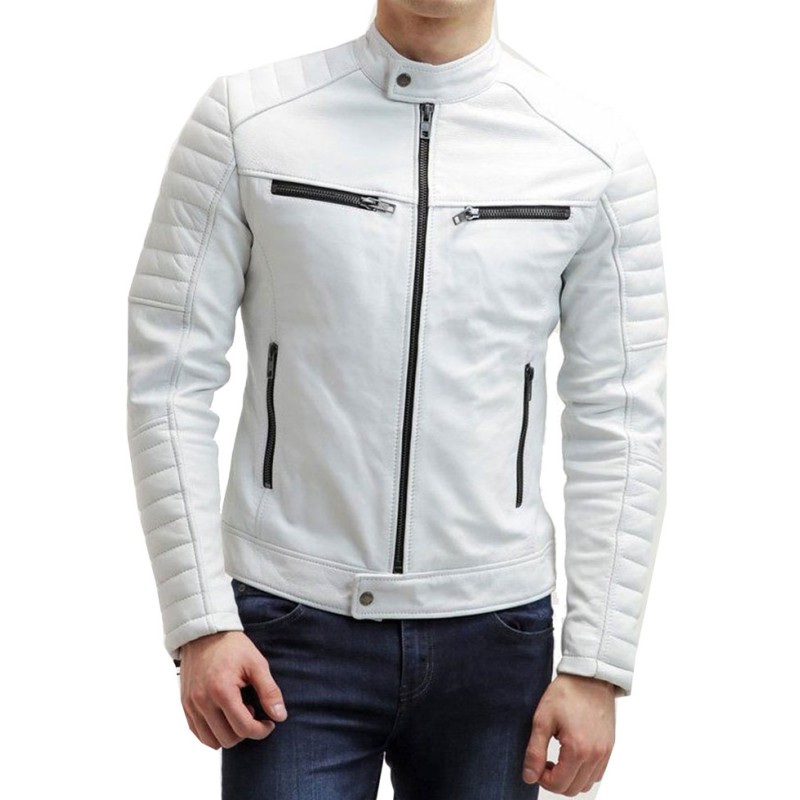 Men's FJM007 Padded Style Motorcycle White Leather Jacket Men's FJM007 Padded Style Motorcycle White Leather Jacket
