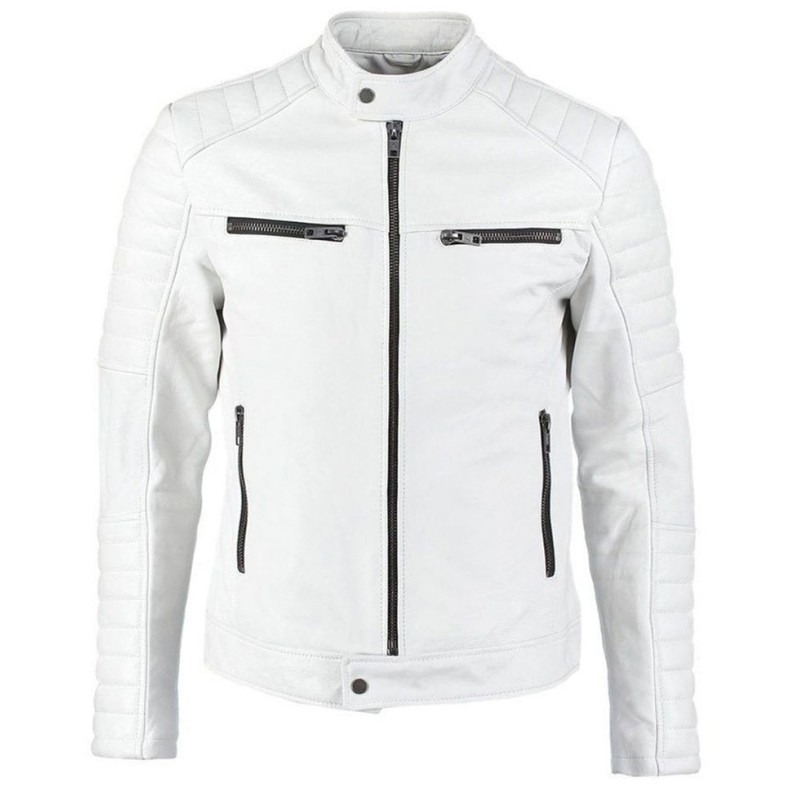 Men's FJM007 Padded Style Motorcycle White Leather Jacket