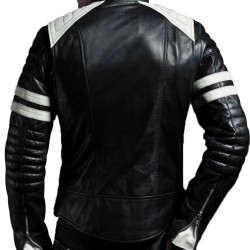 Men's FJM009 White Striped Black Leather Motorcycle Jacket