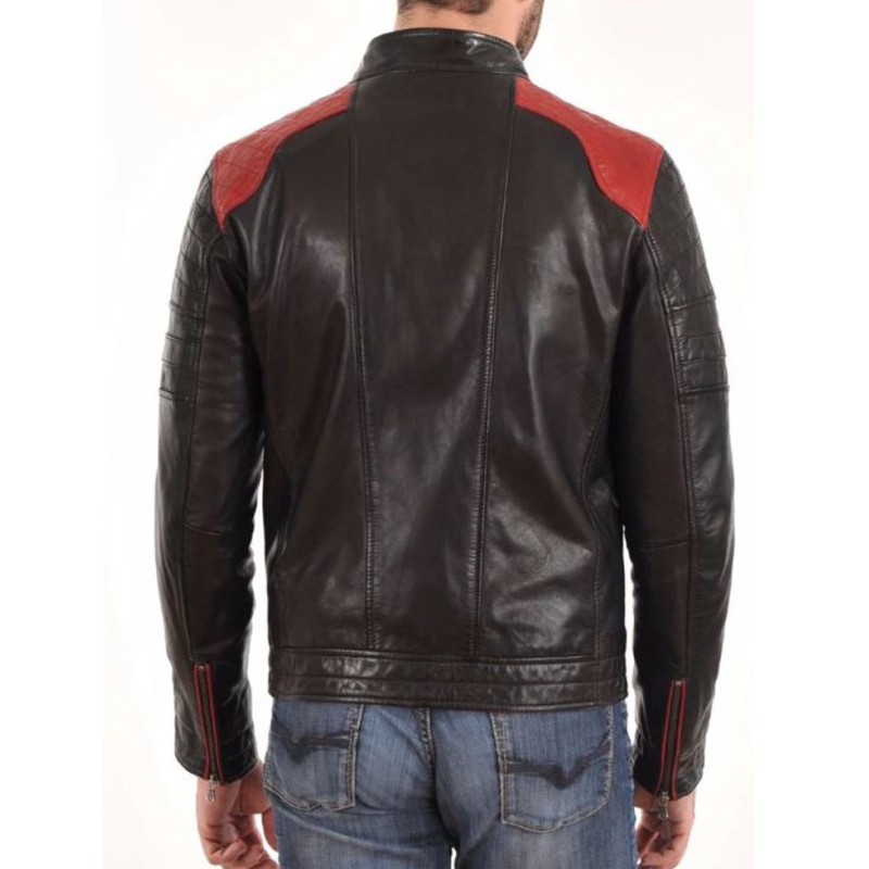 Men's FJM023 Red Quilted Shoulder Black Leather Motorcycle Jacket Men's FJM023 Red Quilted Shoulder Black Leather Motorcycle Jacket