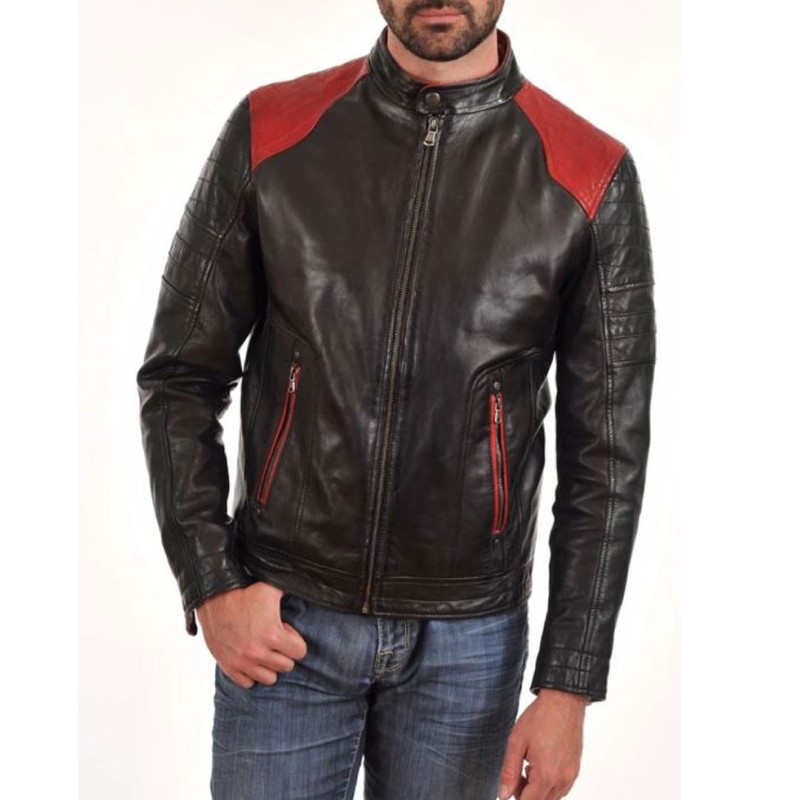 Men's FJM023 Red Quilted Shoulder Black Leather Motorcycle Jacket Men's FJM023 Red Quilted Shoulder Black Leather Motorcycle Jacket
