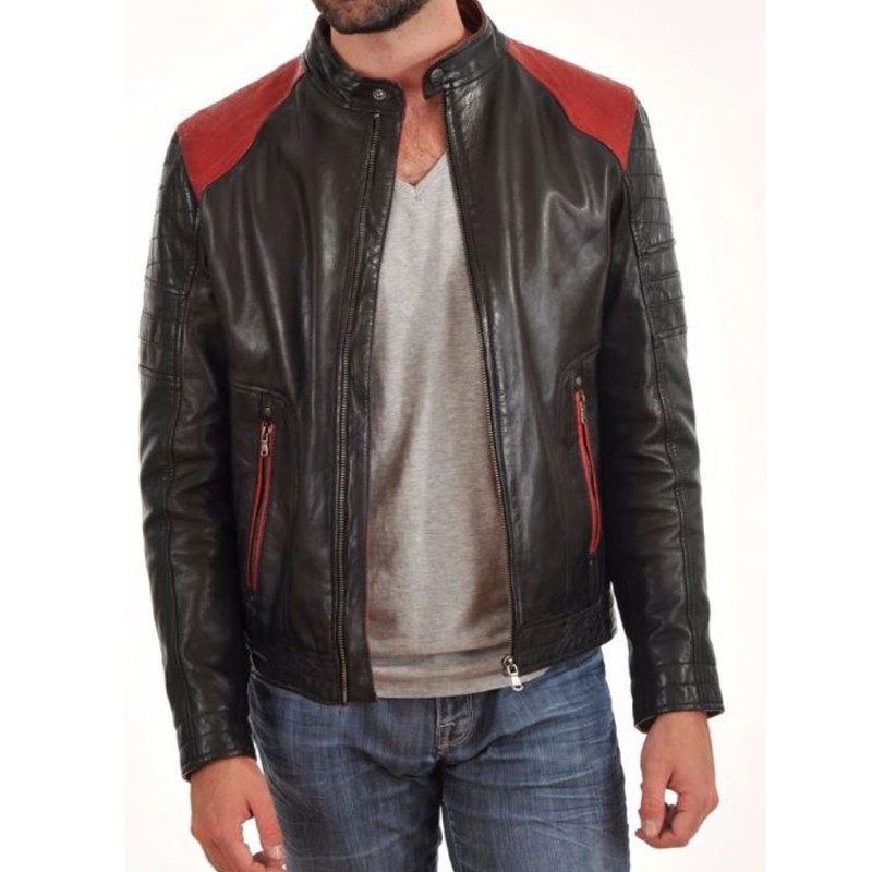 Men's FJM023 Red Quilted Shoulder Black Leather Motorcycle Jacket Men's FJM023 Red Quilted Shoulder Black Leather Motorcycle Jacket