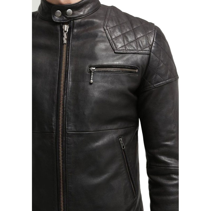 Men's FJM105 Quilted Shoulder Black Leather Motorcycle Jacket Men's FJM105 Quilted Shoulder Black Leather Motorcycle Jacket