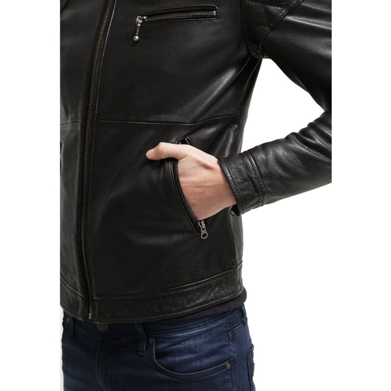 Men's FJM105 Quilted Shoulder Black Leather Motorcycle Jacket Men's FJM105 Quilted Shoulder Black Leather Motorcycle Jacket