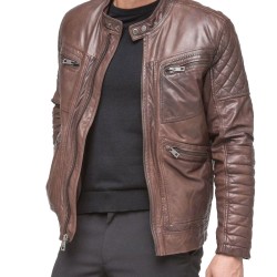 Men's FJM110 Moto Quilted Zipper Pockets Waxed Brown Leather Jacket