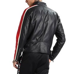 Men's FJM251 Motorcycle Striped Black Red and White Leather Jacket