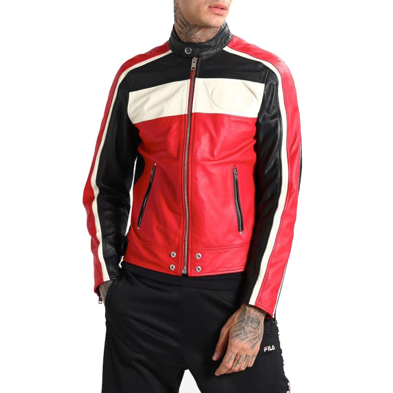 Men's FJM251 Motorcycle Striped Black Red and White Leather Jacket Men's FJM251 Motorcycle Striped Black Red and White Leather Jacket