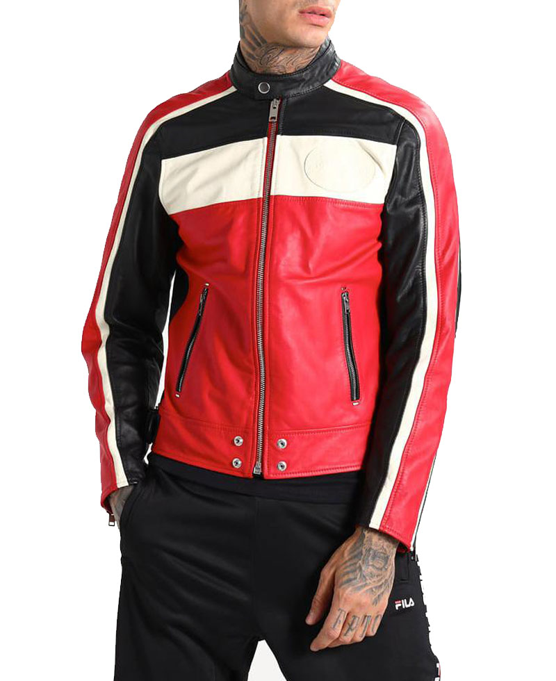 Black leather jacket with red and white stripes sale