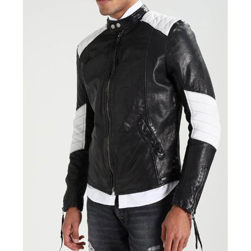 Men's Biker FJM252 Quilted White and Black Leather Jacket Men's Biker FJM252 Quilted White and Black Leather Jacket