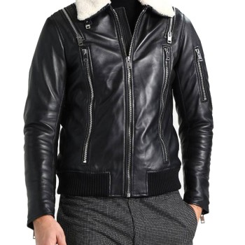 Men's FJM273 Motorcycle Zipper Design Black Leather Jacket