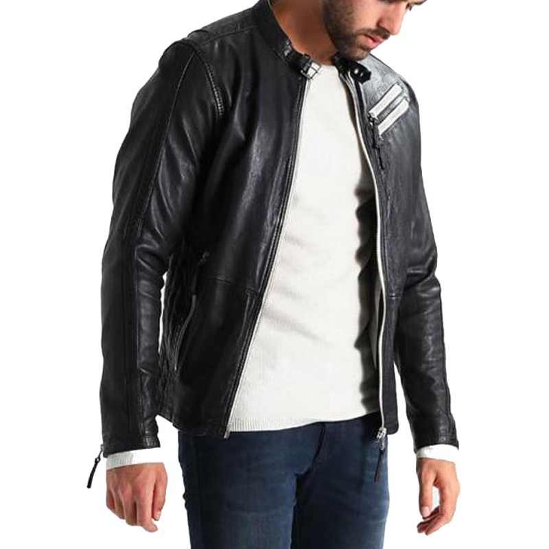Men's FJM274 White Zipper Motorcycle Black Leather Jacket Men's FJM274 White Zipper Motorcycle Black Leather Jacket