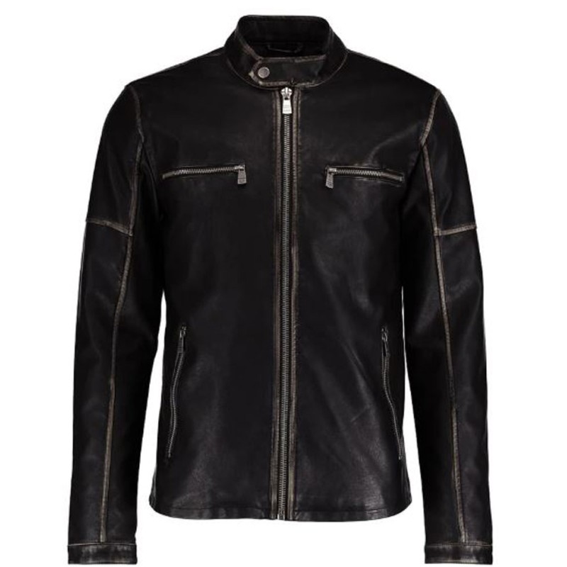Men's FJM290 Zipper Pockets Black Leather Biker Jacket