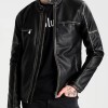 Men's FJM290 Zipper Pockets Black Leather Biker Jacket