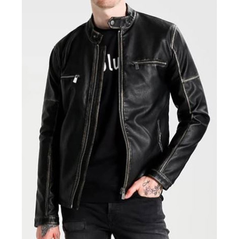 Men's FJM290 Zipper Pockets Black Leather Biker Jacket Men's FJM290 Zipper Pockets Black Leather Biker Jacket