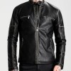 Men's FJM290 Zipper Pockets Black Leather Biker Jacket
