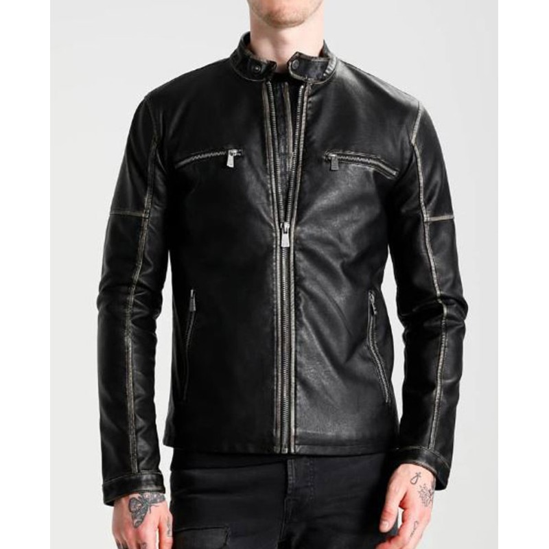 Men's FJM290 Zipper Pockets Black Leather Biker Jacket Men's FJM290 Zipper Pockets Black Leather Biker Jacket