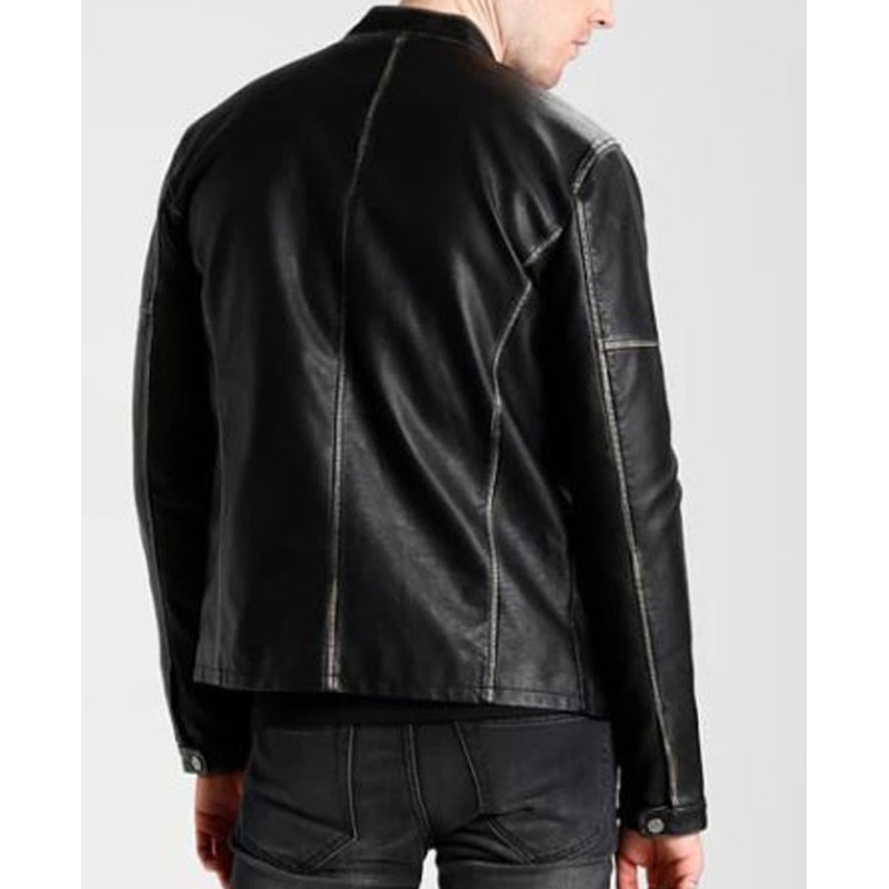 Men's FJM290 Zipper Pockets Black Leather Biker Jacket Men's FJM290 Zipper Pockets Black Leather Biker Jacket