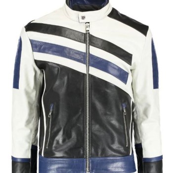 Men's FJM291 White Black and Blue Designer Leather Jacket