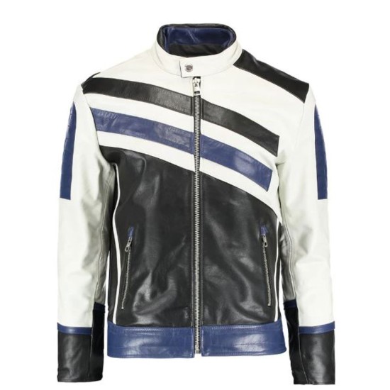 Men's FJM291 White Black and Blue Designer Leather Jacket