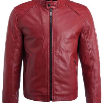 Mens FJM304 Simple Style Black Zipper Red Leather Jacket