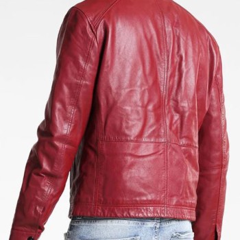 Mens FJM304 Simple Style Black Zipper Red Leather Jacket