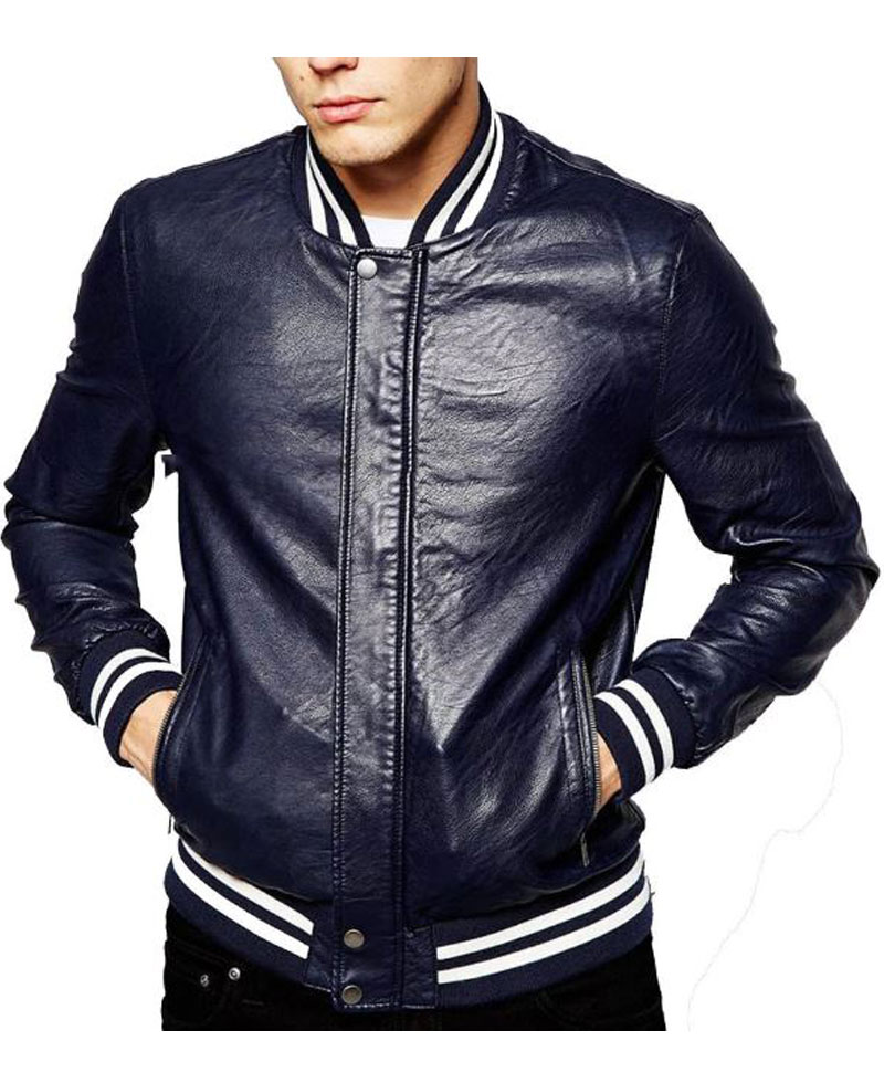 Blue leather bomber jacket mens cheap