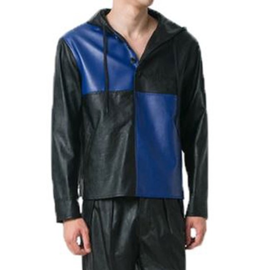 Men's FJM375 Casual Black and Blue Leather Hoodie