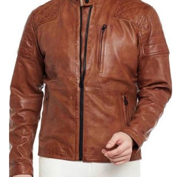 Men's FJM416 Biker Quilted Brown Leather Jacket