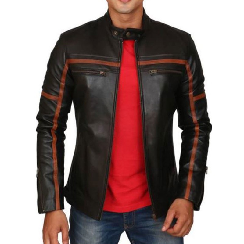 Men's FJM438 Brown Striped Motorcycle Leather Jacket Men's FJM438 Brown Striped Motorcycle Leather Jacket