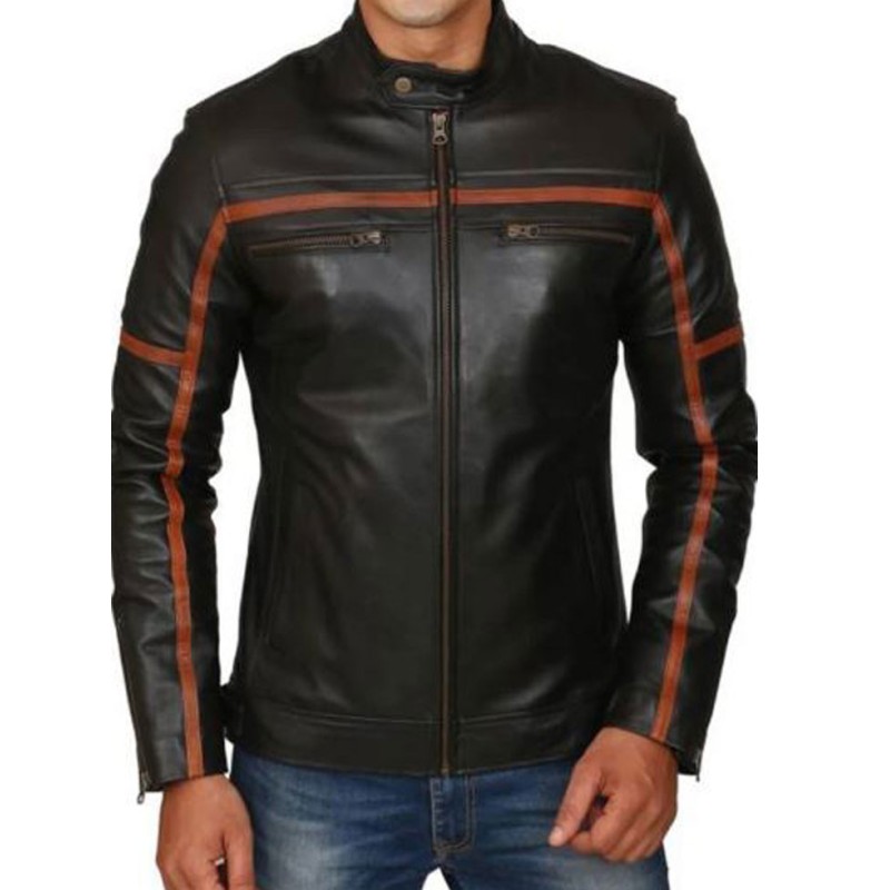Men's FJM438 Brown Striped Motorcycle Leather Jacket Men's FJM438 Brown Striped Motorcycle Leather Jacket