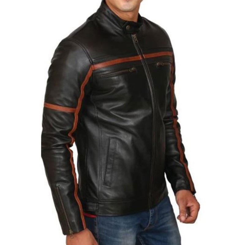 Men's FJM438 Brown Striped Motorcycle Leather Jacket Men's FJM438 Brown Striped Motorcycle Leather Jacket