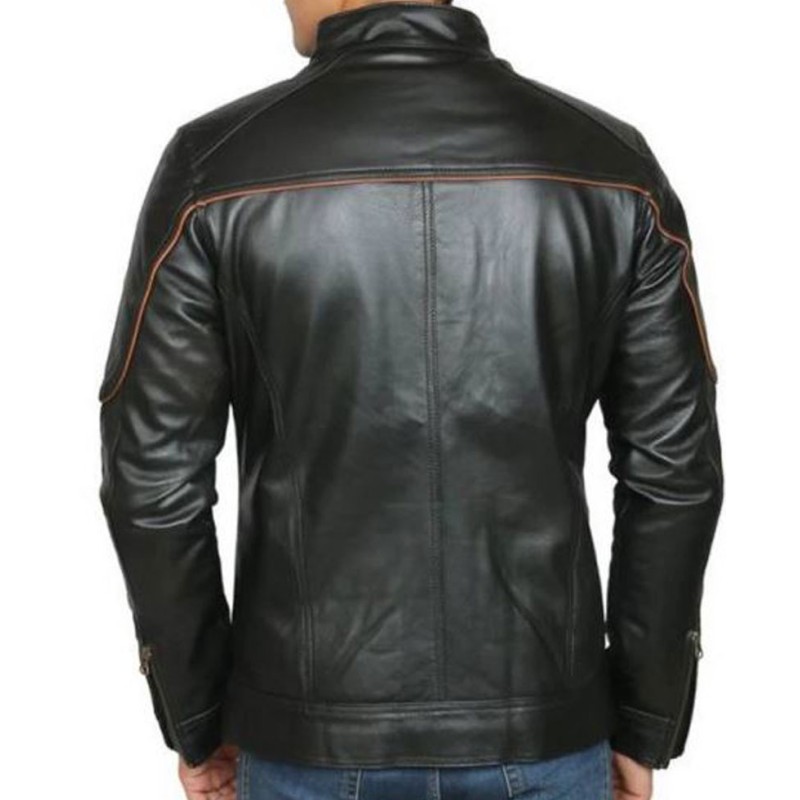 Men's FJM445 Biker Designer Brown Striped Leather Jacket Men's FJM445 Biker Designer Brown Striped Leather Jacket