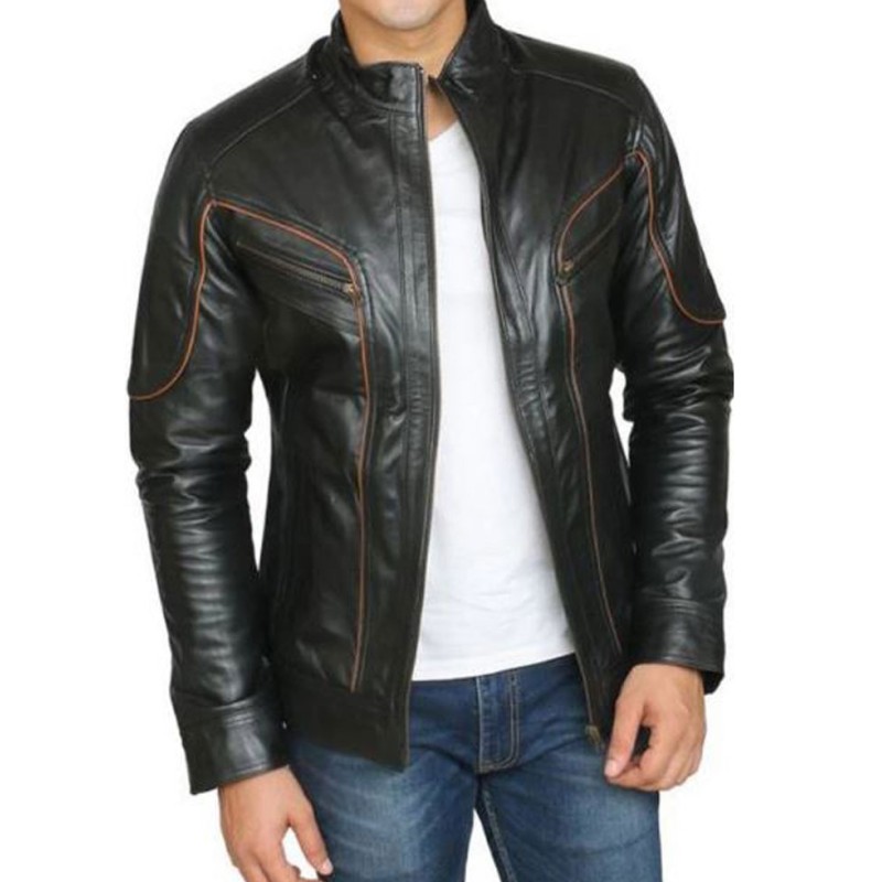 Men's FJM445 Biker Designer Brown Striped Leather Jacket Men's FJM445 Biker Designer Brown Striped Leather Jacket